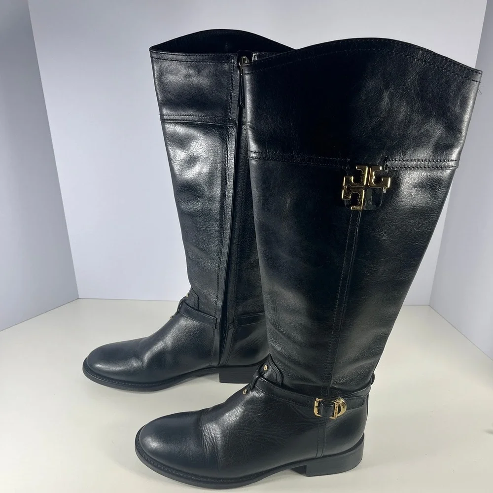 Tory Burch Eloise Tall Riding Boots Womens 7M Black Leather Knee High Equestrian